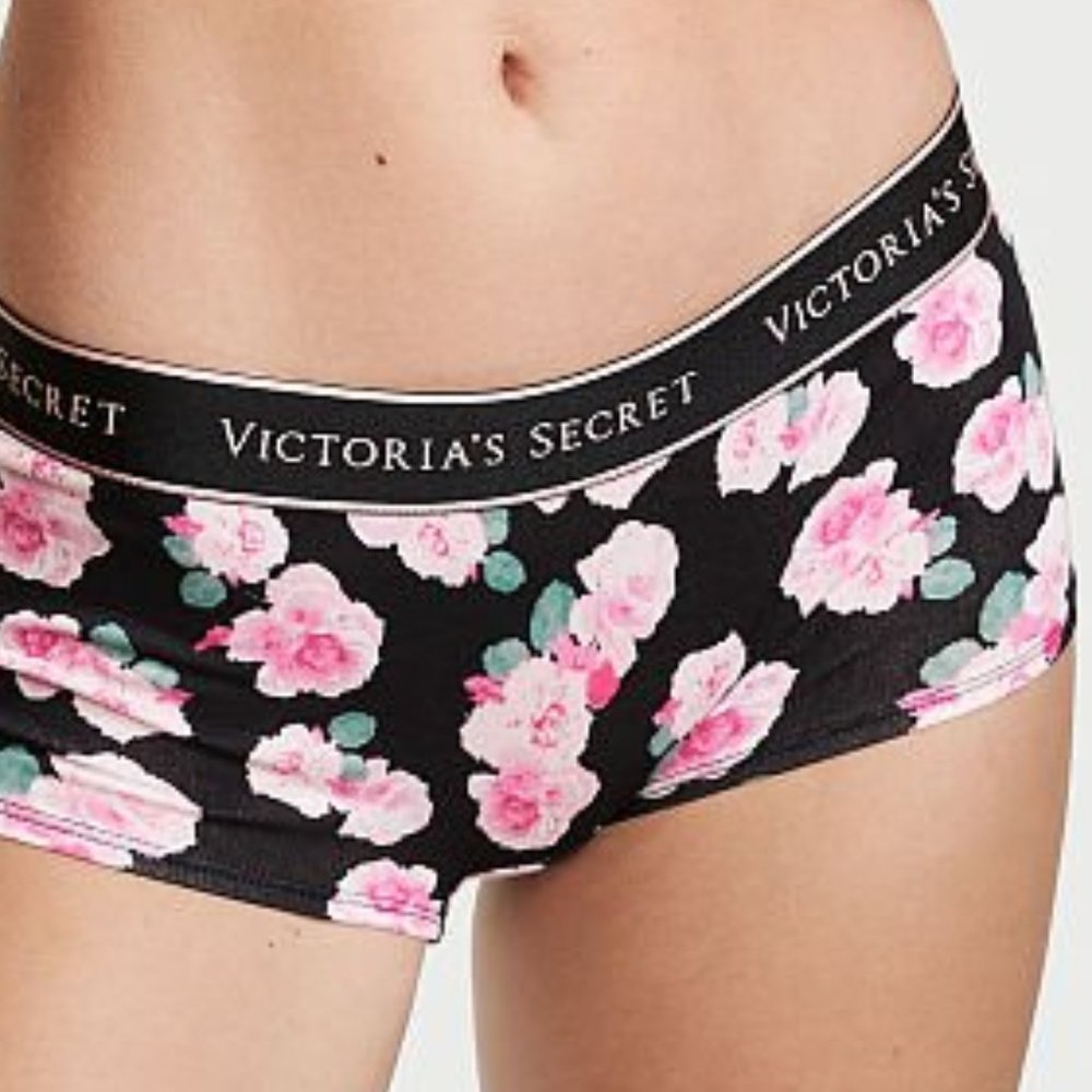 VS XS Boyshort Black Floral Logo Waist NWT Victoria’s Secret Flowers 💐 Cute